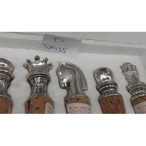 494 - WINE STOPPERS WITH CHESS PIECE HEADS KING QUEEN KNIGHT ROOK AND PAWN