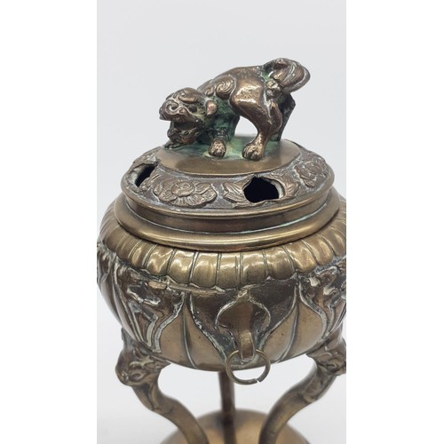 645 - A PAIR OF 19c BRONZE SENSORS ON TRIPOD BASE WITH FOO DOG TOP 6