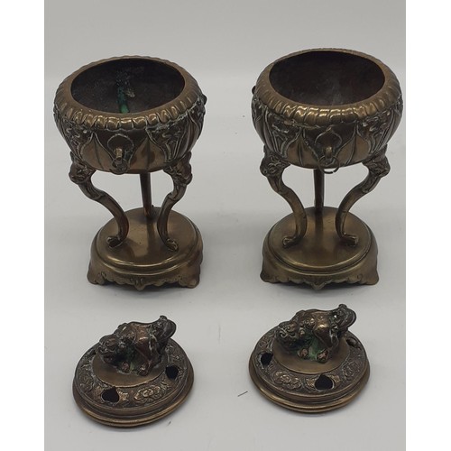 645 - A PAIR OF 19c BRONZE SENSORS ON TRIPOD BASE WITH FOO DOG TOP 6