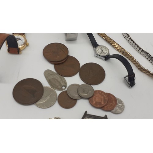 505 - A BAG OF WATCHES WATCH PARTS AND MIXED COINS