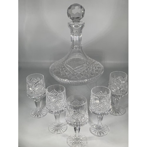 519 - TYRONE CRYSTAL SHIPS DECANTER & 5 MATCHING TYRONE CRYSTAL SHERRY GLASSES