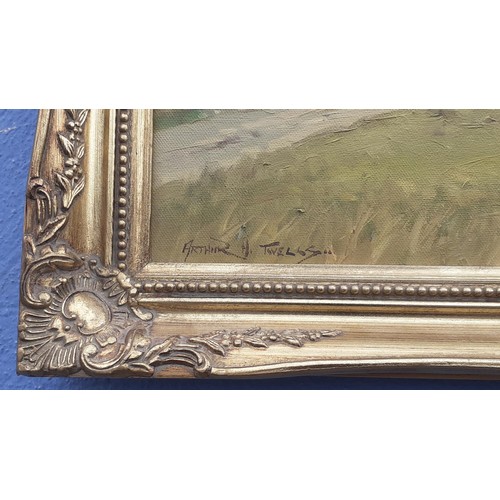 533 - CUSHENDUN AN OIL ON CANVAS BY ARTHUR H TWELLS IN SWEPT GILT FRAME 26 X19