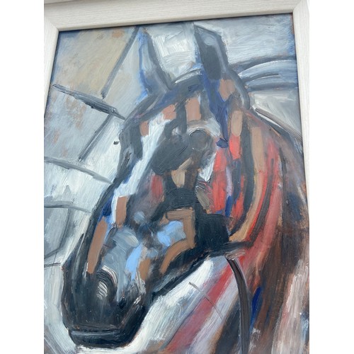 534 - COLOURED HORSES HEAD OIL ON BOARD BY CON CAMPBELL 22X18