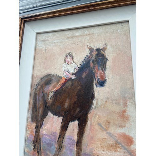 555 - CHILD ON HORSEBACK AT BALMORAL SHOW AN OIL ON BOARD BY CON CAMPBELL 18X15