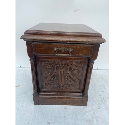 564 - A CARVED VICTORIAN FALL FRONT COAL CABINET