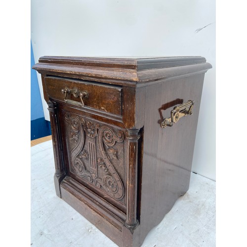 564 - A CARVED VICTORIAN FALL FRONT COAL CABINET