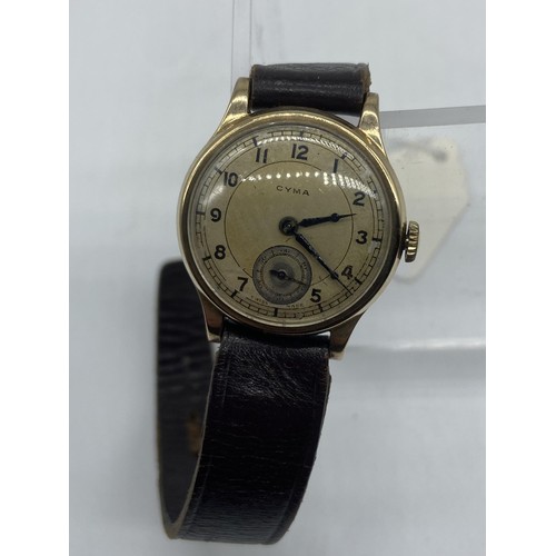 677 - A VINTAGE 9ct GOLD CYMA WATCH ON LEATHER STRAP