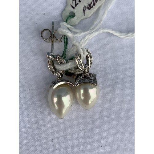 679 - DROP PEARL & DIAMOND EARRINGS IN 9CT WHITE GOLD