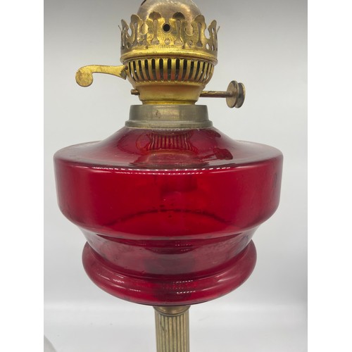 419 - A VICTORIAN RUBY OIL LAMP BOWL WITH FUNNEL