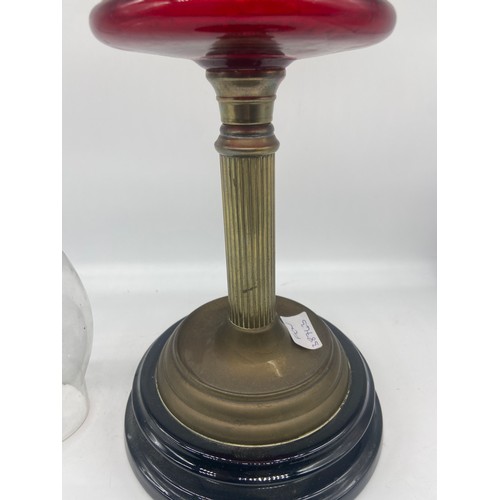 419 - A VICTORIAN RUBY OIL LAMP BOWL WITH FUNNEL