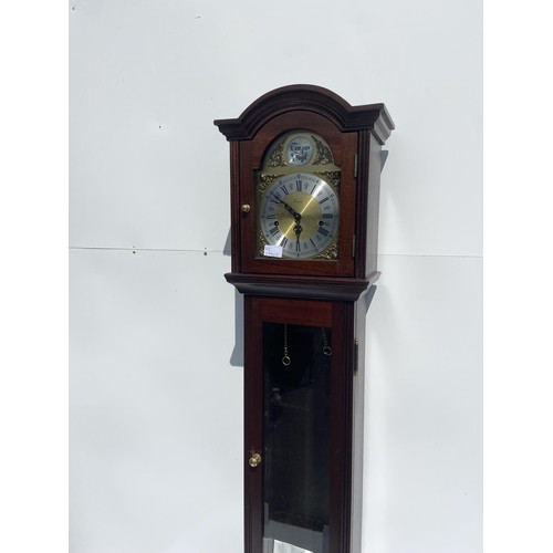 440 - A MAHOGANY CASED GRANDAUGHTER CLOCK WITH 2 BRASS STYLE WEIGHTS