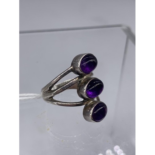 237 - SILVER 3 STONE AMETHYST RING