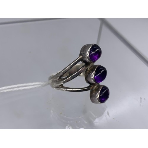 237 - SILVER 3 STONE AMETHYST RING