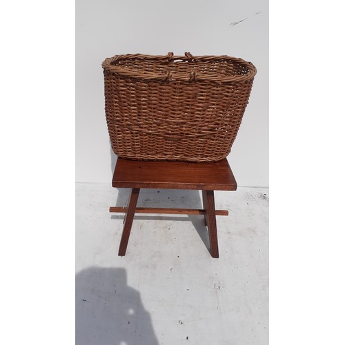 13 - WICKER BASKET AND SMALL WOODEN STOOL