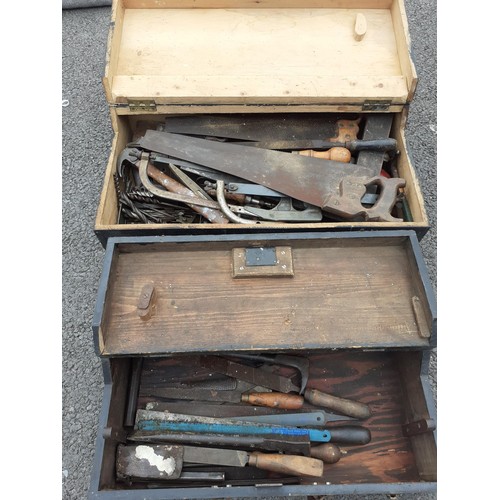 26 - 2 OLD LARGE PINE TOOLBOX COMPLETE WITH A LOT OF VINTAGE TOOLS