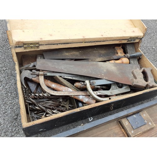 26 - 2 OLD LARGE PINE TOOLBOX COMPLETE WITH A LOT OF VINTAGE TOOLS