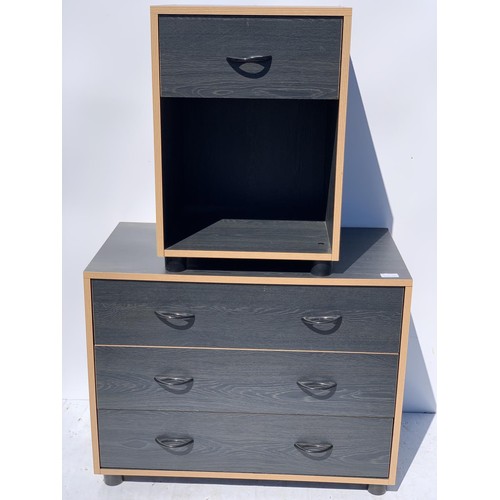 27 - A 3 DRAWERED EBONY STYLE CHEST & MATCHING BEDSIDE