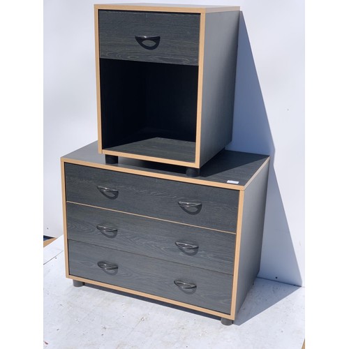 27 - A 3 DRAWERED EBONY STYLE CHEST & MATCHING BEDSIDE