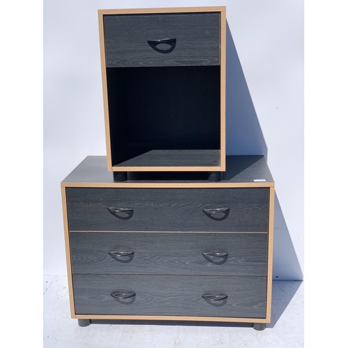 27 - A 3 DRAWERED EBONY STYLE CHEST & MATCHING BEDSIDE