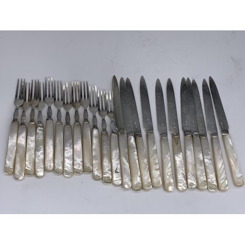 127 - 12 M.O.P.HANDLED FORKS AND 9 M.O.P HANDLED KNIVES