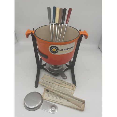 363 - A LE CRUSET FONDUE POT AND IMPLEMENTS