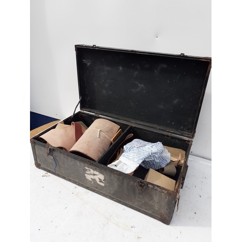 5 - OLD TRAVEL TRUNK CONTAINING LEATHER WORKING TOOLS OFF CUTS 31 x 10 x 17 inches