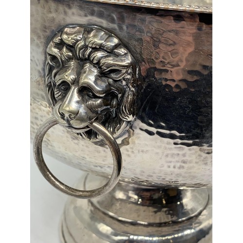 502 - PLATED MONTEITH WITH COINS INSET & LION HEAD HANDLES 8x10in