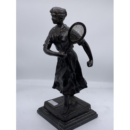 513 - A BRONZE LADY OF TENNIS ON MARBLE BASE 16