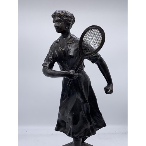 513 - A BRONZE LADY OF TENNIS ON MARBLE BASE 16