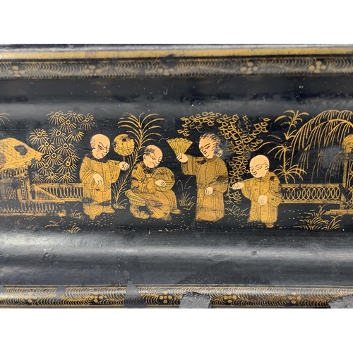 571 - A PAPERMACHET PEN TRAY WITH HAND PIANTED IN GILT ORIENTAL FIGURES 11X3