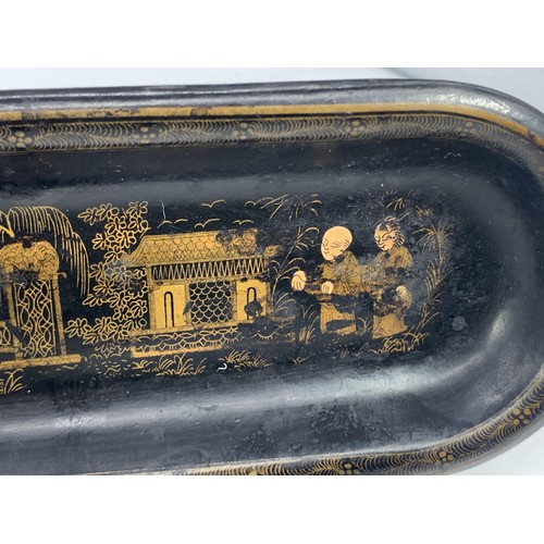 571 - A PAPERMACHET PEN TRAY WITH HAND PIANTED IN GILT ORIENTAL FIGURES 11X3