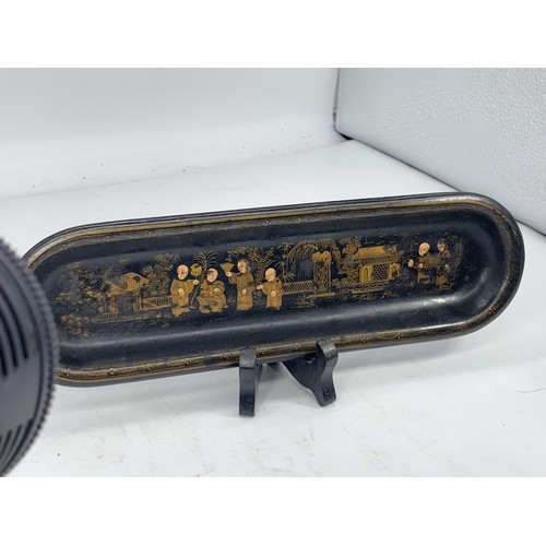 571 - A PAPERMACHET PEN TRAY WITH HAND PIANTED IN GILT ORIENTAL FIGURES 11X3