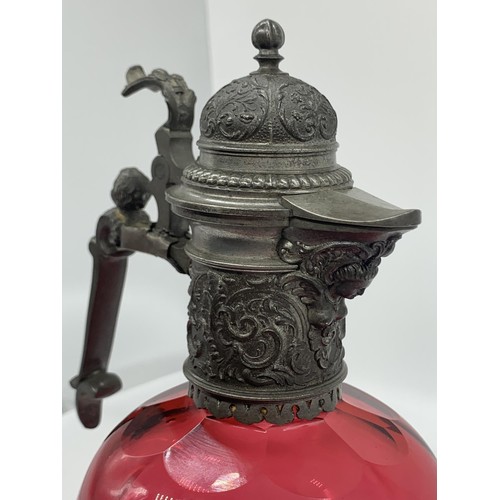 584 - AN EXTREMLY ORNATE RUBY & PLATED EWER LADY HEAD POURER STANDS 11