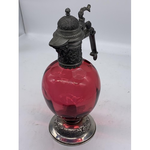 584 - AN EXTREMLY ORNATE RUBY & PLATED EWER LADY HEAD POURER STANDS 11