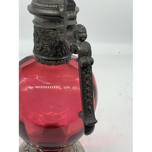 584 - AN EXTREMLY ORNATE RUBY & PLATED EWER LADY HEAD POURER STANDS 11