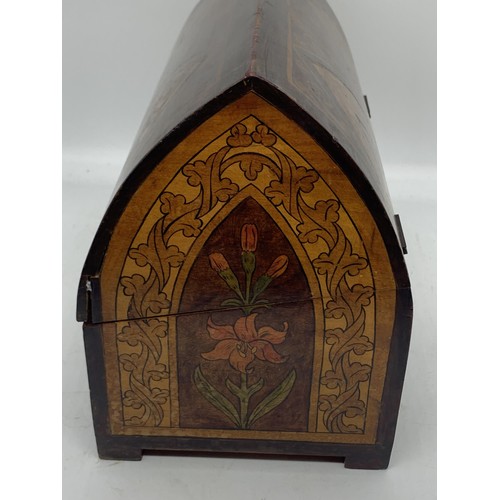 585 - A BEUATIFUL VICTORIAN POKERWORK MAHOGANY GOTHIC ARCH TOP TRUNK 12X8.5X6