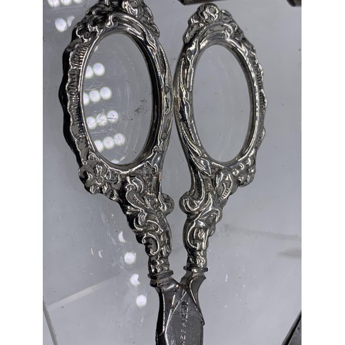 607 - 3 PAIRS OF ORNATE SCISSORS -2X SILVER HANDLED AND 1 STORK HANDLE