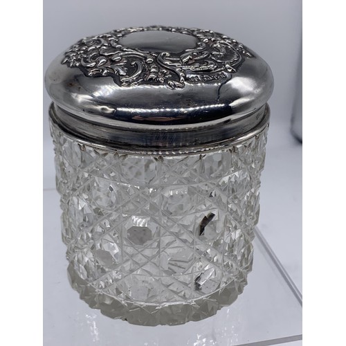 614 - SILVER TOPPED CUT GLASS JAR CHESTER 1900