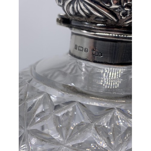 630 - HEAVY CUT GLASS PERFUME BOTTLE WITH SILVER TOP AND STOPPER WALKER AND HALL BIRMINGHAM 1901