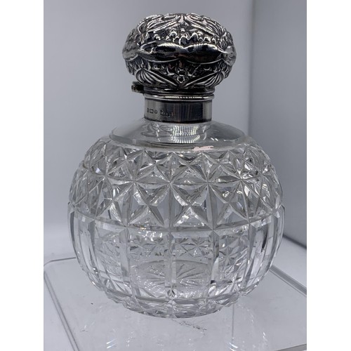 630 - HEAVY CUT GLASS PERFUME BOTTLE WITH SILVER TOP AND STOPPER WALKER AND HALL BIRMINGHAM 1901