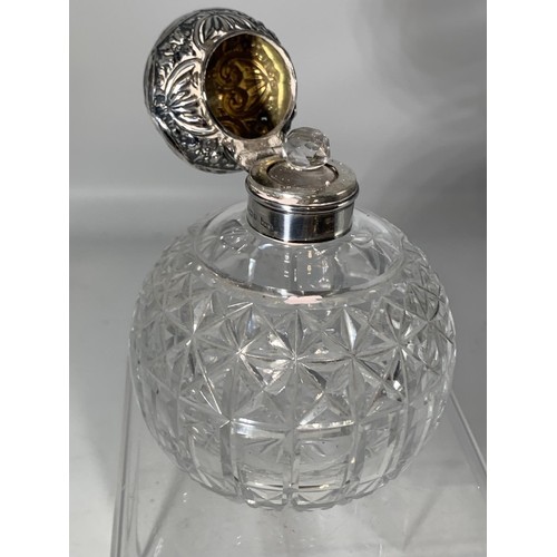 630 - HEAVY CUT GLASS PERFUME BOTTLE WITH SILVER TOP AND STOPPER WALKER AND HALL BIRMINGHAM 1901