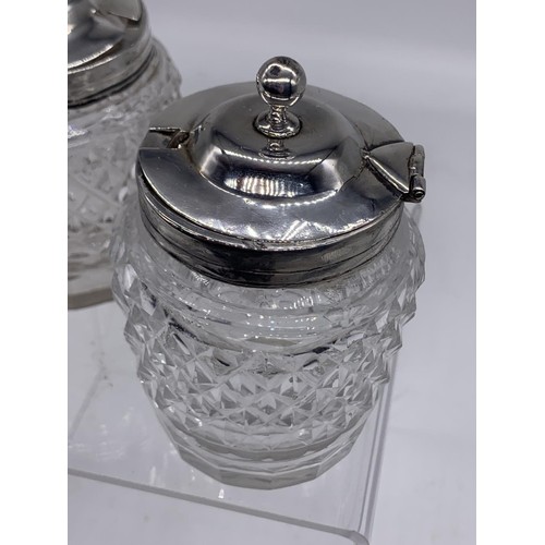 634 - PAIR OF GEORGIAN IRISH CUT GLASS AND SILVER TOPPED PRESERVE JARS DUBLIN 1834/1836