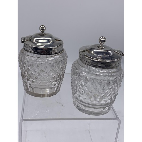 634 - PAIR OF GEORGIAN IRISH CUT GLASS AND SILVER TOPPED PRESERVE JARS DUBLIN 1834/1836