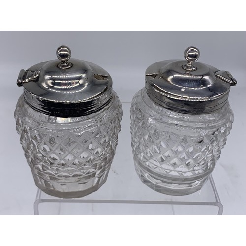 634 - PAIR OF GEORGIAN IRISH CUT GLASS AND SILVER TOPPED PRESERVE JARS DUBLIN 1834/1836