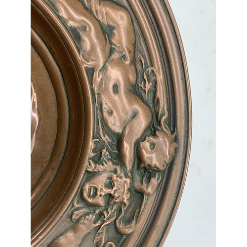 739 - AN ART NOVEAU COPPER AND BRASS COMPORT WITH LADY TO CENTRE AND SURROUND WITH CHERUBS 7