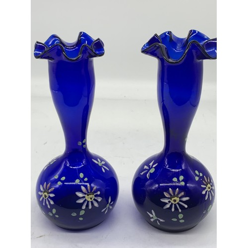 751 - A PAIR OF ANTIQUE BRISTOL BLUE GLASS VASE IN MARY GREGORY STYLE 8in Tall