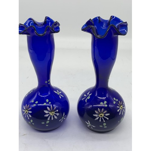 751 - A PAIR OF ANTIQUE BRISTOL BLUE GLASS VASE IN MARY GREGORY STYLE 8in Tall