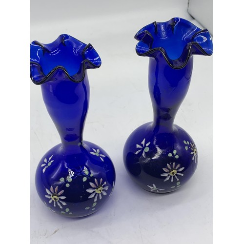 751 - A PAIR OF ANTIQUE BRISTOL BLUE GLASS VASE IN MARY GREGORY STYLE 8in Tall