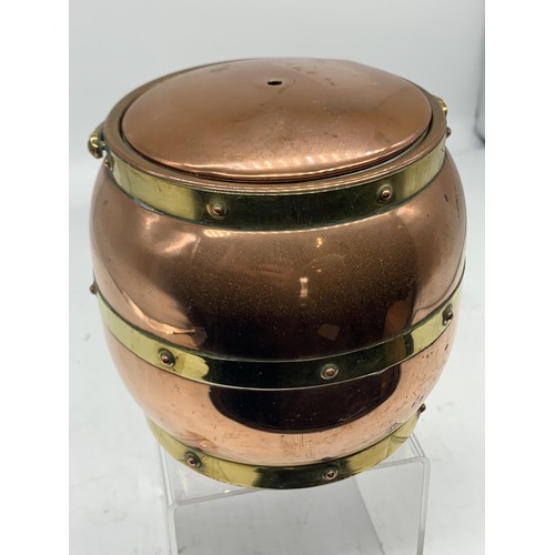 773 - A COPPER AND BRASS  BARRELL TEA  CADDY BY LINTON