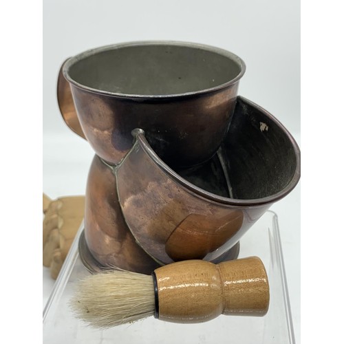 784 - A VINTAGE COPPER SHAVING MUG WITH BRUSH